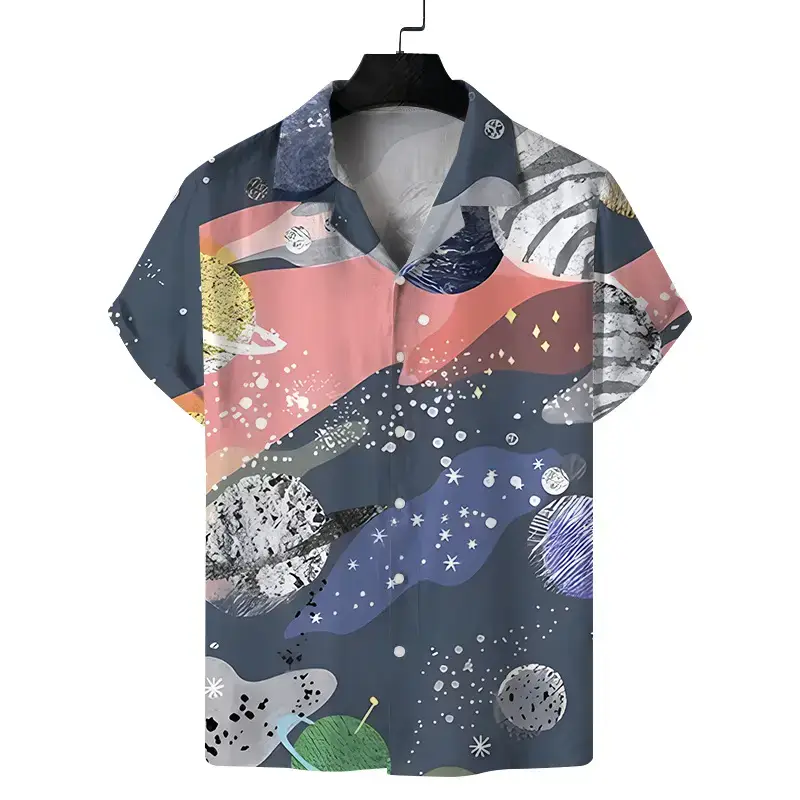 Cuban Collar Printed Short Sleeve Shirt Blue Beige