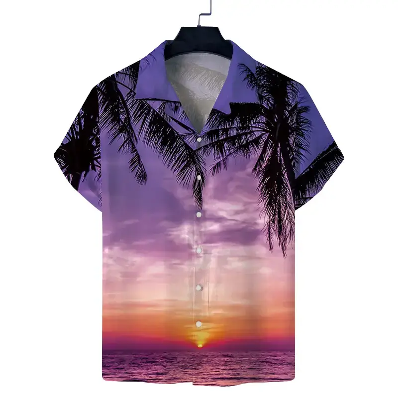 Cuban Collar Printed Short Sleeve Shirt Blue Beige