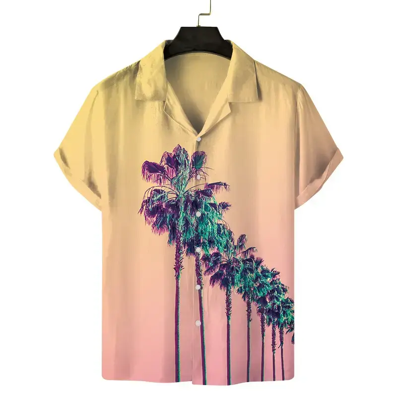Cuban Collar Printed Short Sleeve Shirt Blue Beige