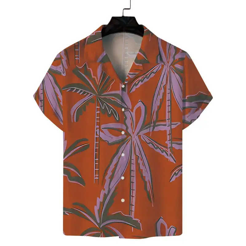 Cuban Collar Printed Short Sleeve Shirt Blue Beige