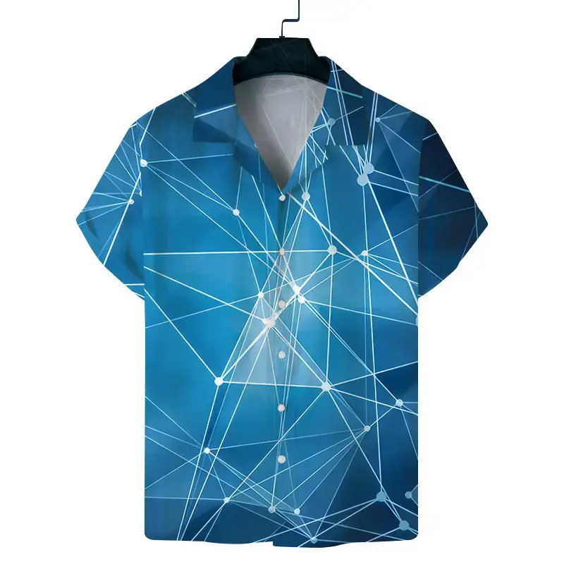 Cuban Collar Printed Short Sleeve Shirt Blue Beige