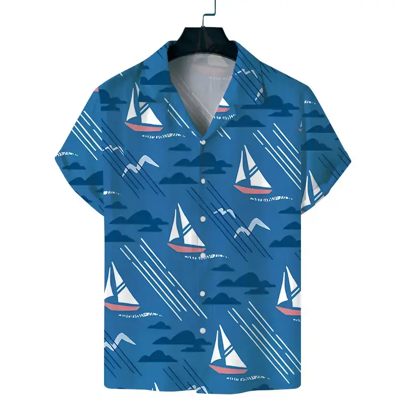 Cuban Collar Printed Short Sleeve Shirt Blue Beige