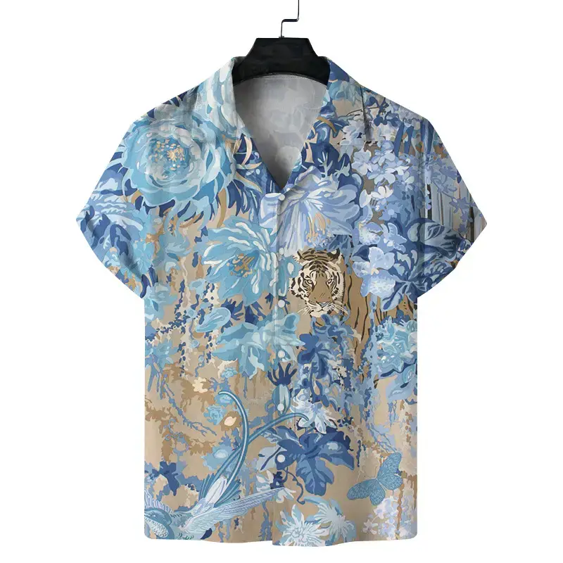Cuban Collar Printed Short Sleeve Shirt Blue Beige