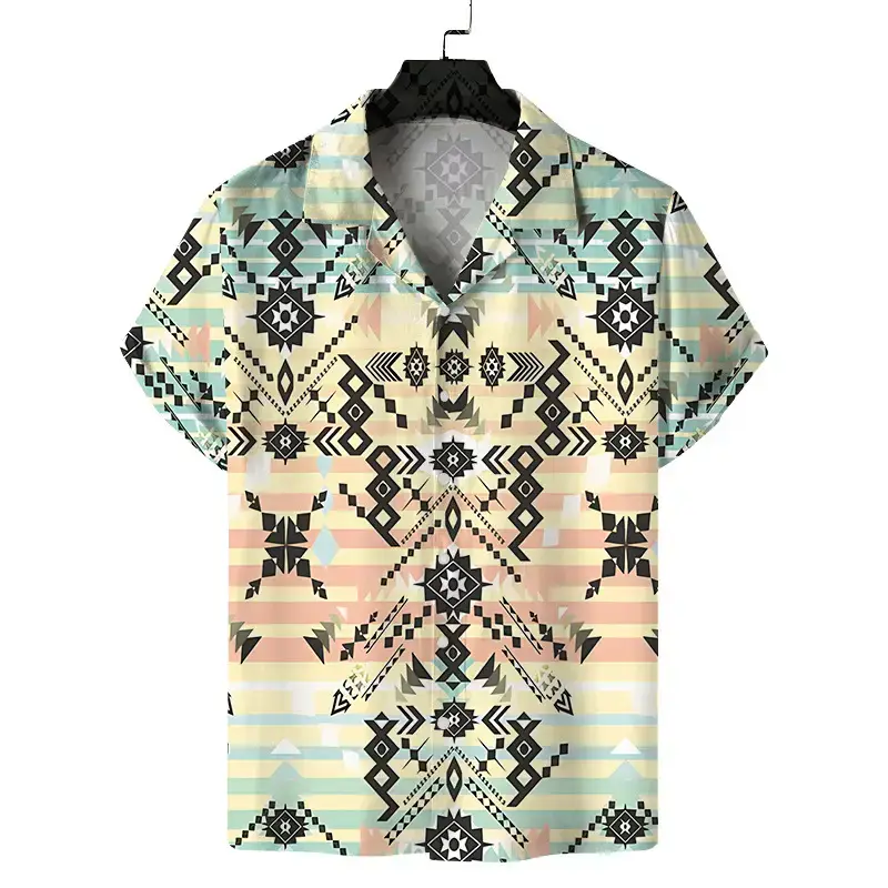 Cuban Collar Printed Short Sleeve Shirt Blue Beige