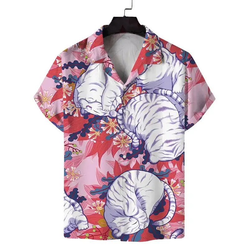 Cuban Collar Printed Short Sleeve Shirt Blue Beige