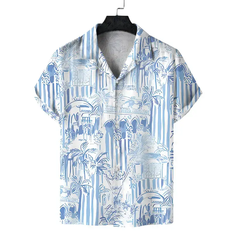 Cuban Collar Printed Short Sleeve Shirt Blue Beige