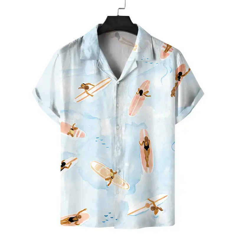 Cuban Collar Printed Short Sleeve Shirt Blue Beige
