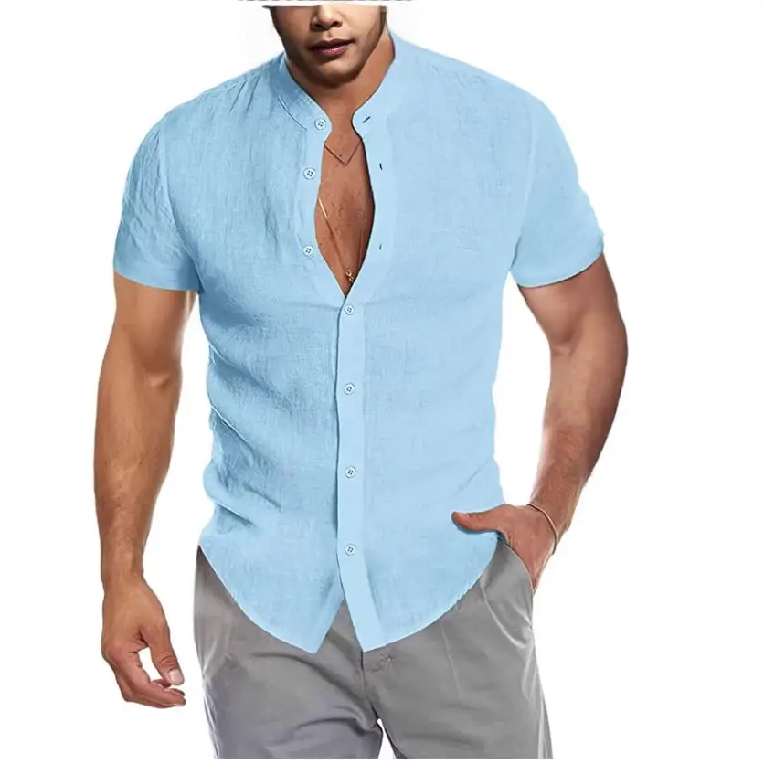 Men's V Neck Short Sleeve Button Down Shirt Light Blue - Image 6