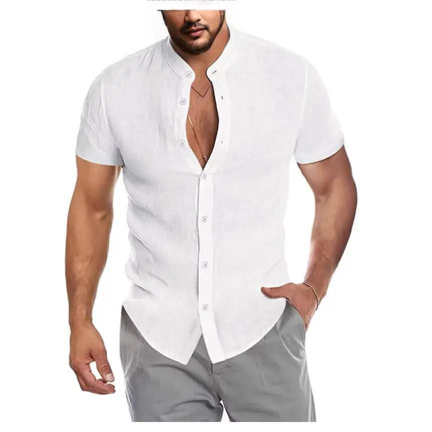 Men's V Neck Short Sleeve Button Down Shirt Light Blue - Image 7