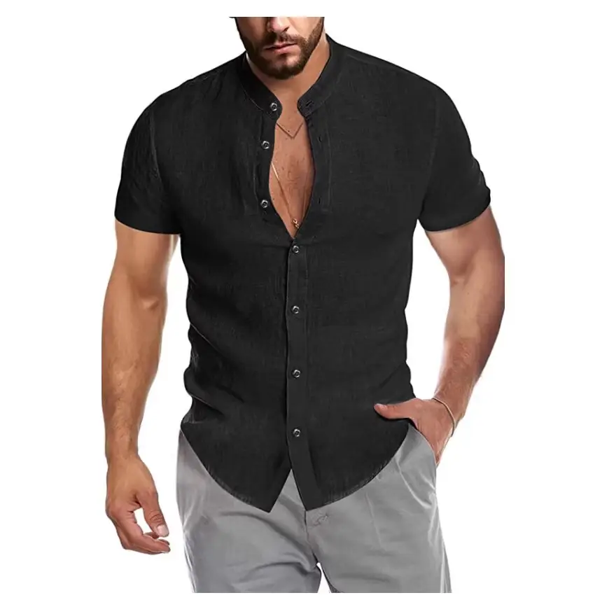 Men's V Neck Short Sleeve Button Down Shirt Light Blue - Image 8