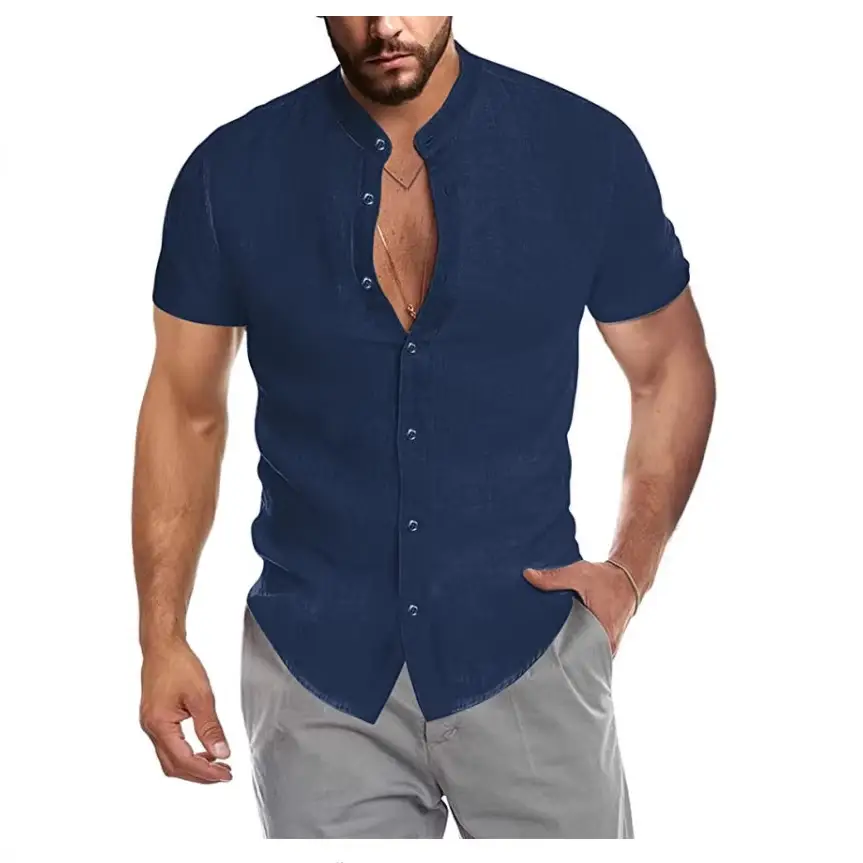 Men's V Neck Short Sleeve Button Down Shirt Light Blue - Image 9