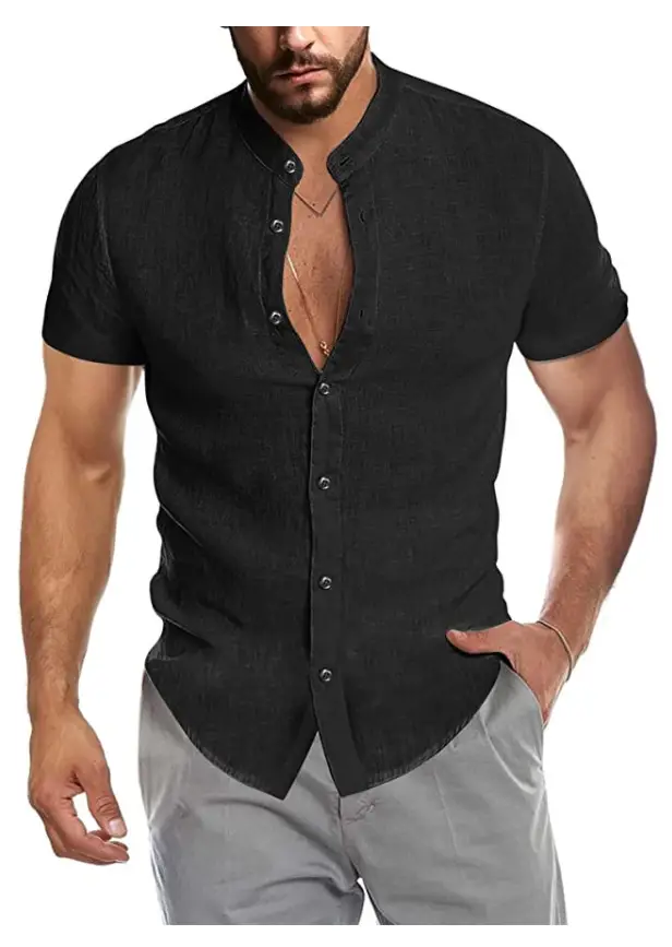 Men's V Neck Short Sleeve Button Down Shirt Light Blue - Image 2