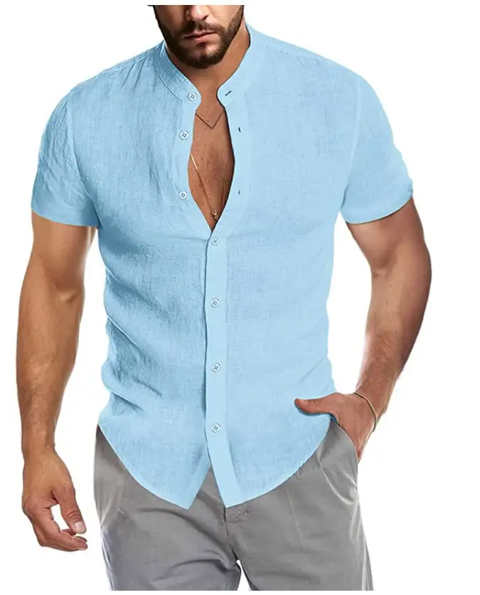 Men's V Neck Short Sleeve Button Down Shirt Light Blue - Image 3