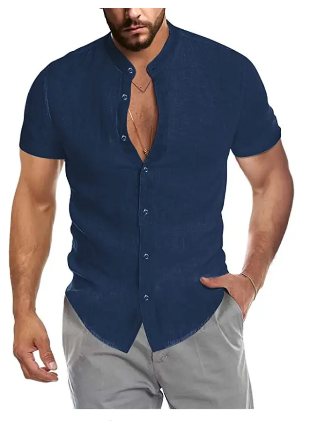 Men's V Neck Short Sleeve Button Down Shirt Light Blue - Image 4