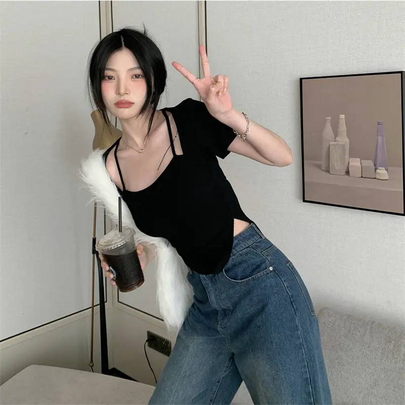 Black Fake Two-Piece Short Sleeve Women Summer Top - Image 3