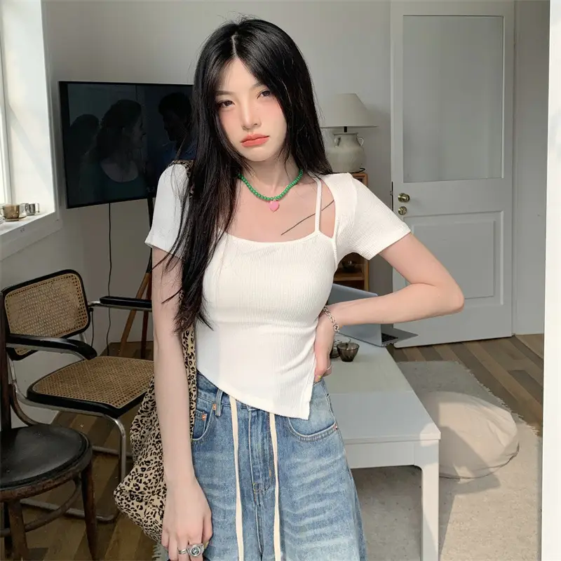 Black Fake Two-Piece Short Sleeve Women Summer Top - Image 5