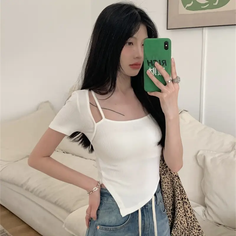 Black Fake Two-Piece Short Sleeve Women Summer Top - Image 6