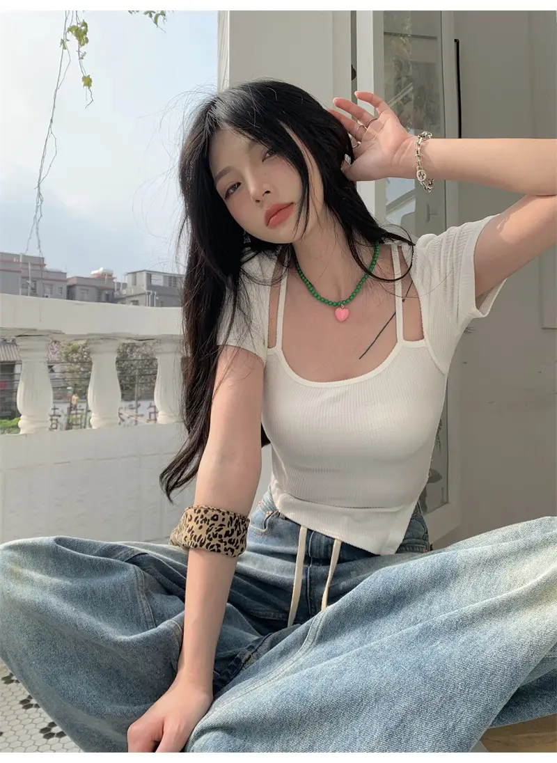 Black Fake Two-Piece Short Sleeve Women Summer Top — feature 10
