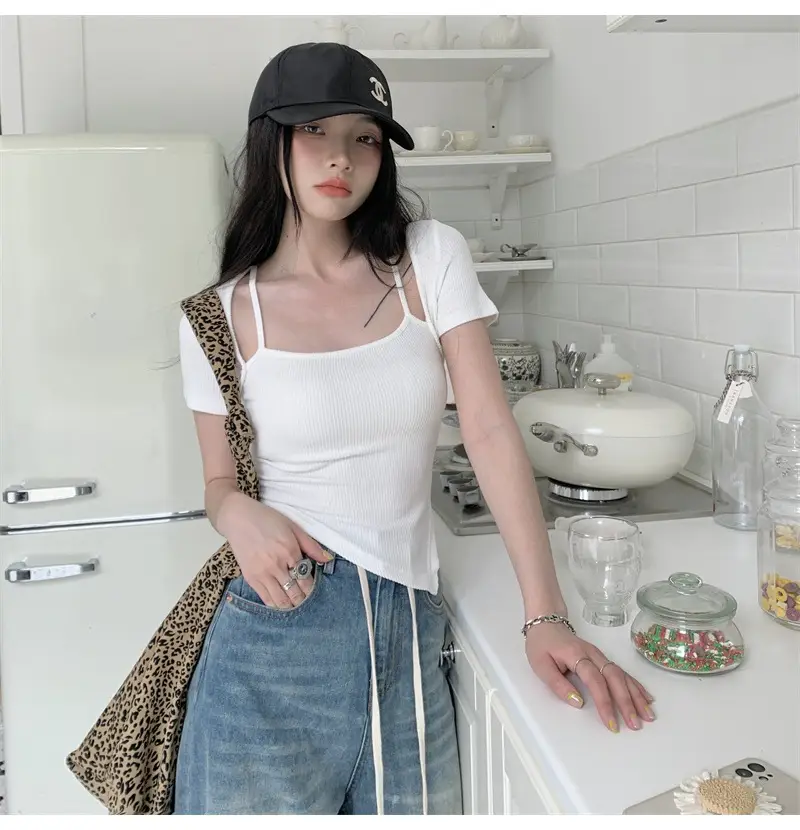 Black Fake Two-Piece Short Sleeve Women Summer Top — feature 12