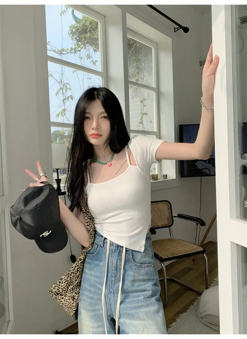 Black Fake Two-Piece Short Sleeve Women Summer Top — feature 14