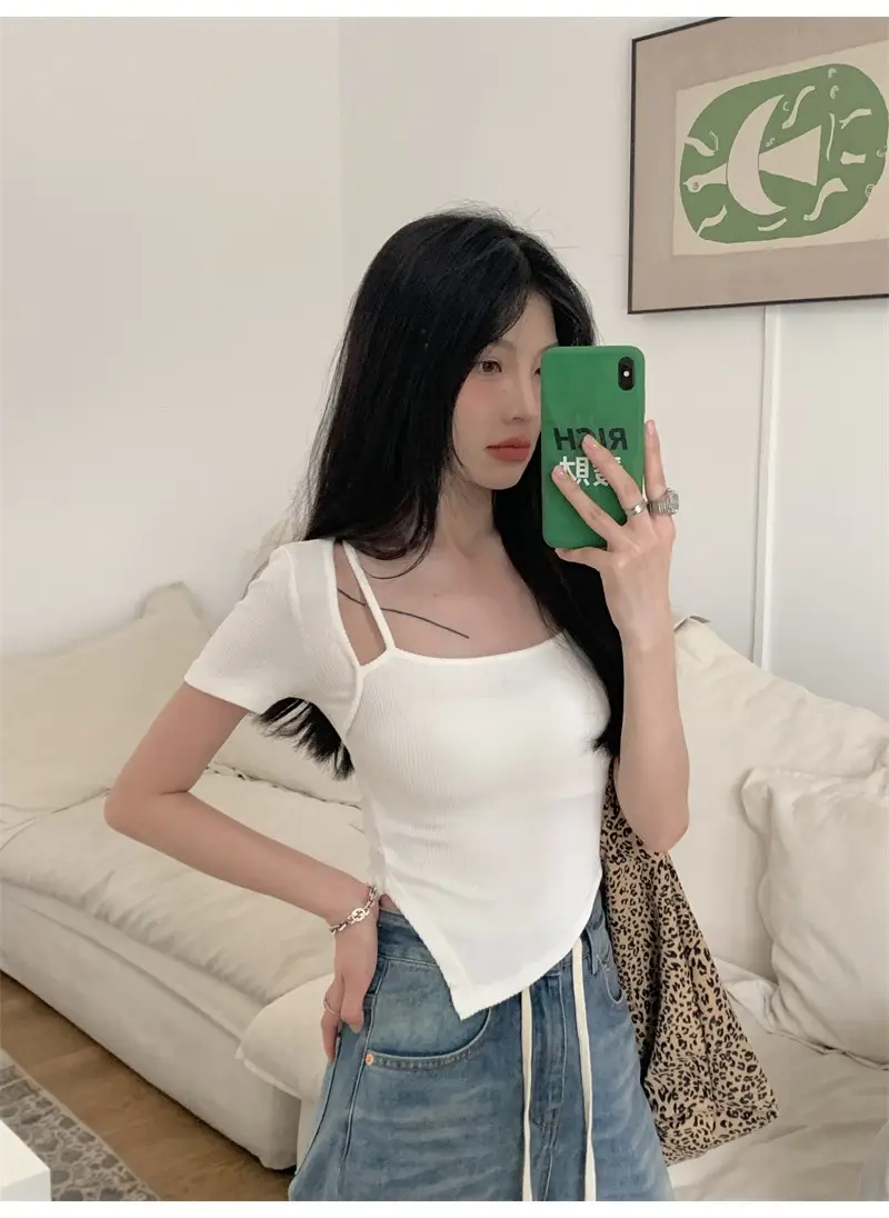 Black Fake Two-Piece Short Sleeve Women Summer Top — feature 15