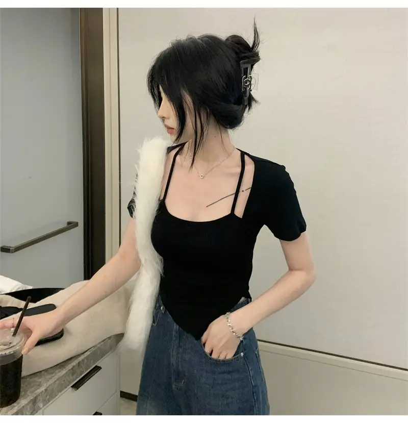 Black Fake Two-Piece Short Sleeve Women Summer Top — feature 16