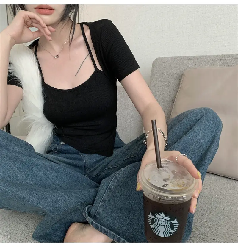 Black Fake Two-Piece Short Sleeve Women Summer Top — feature 17