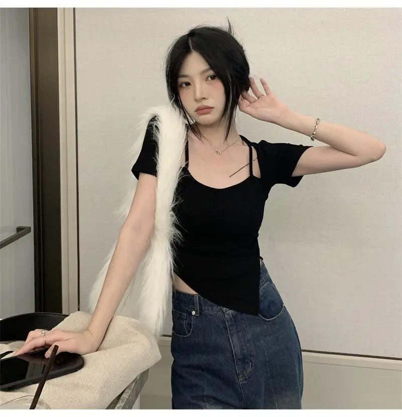 Black Fake Two-Piece Short Sleeve Women Summer Top — feature 18