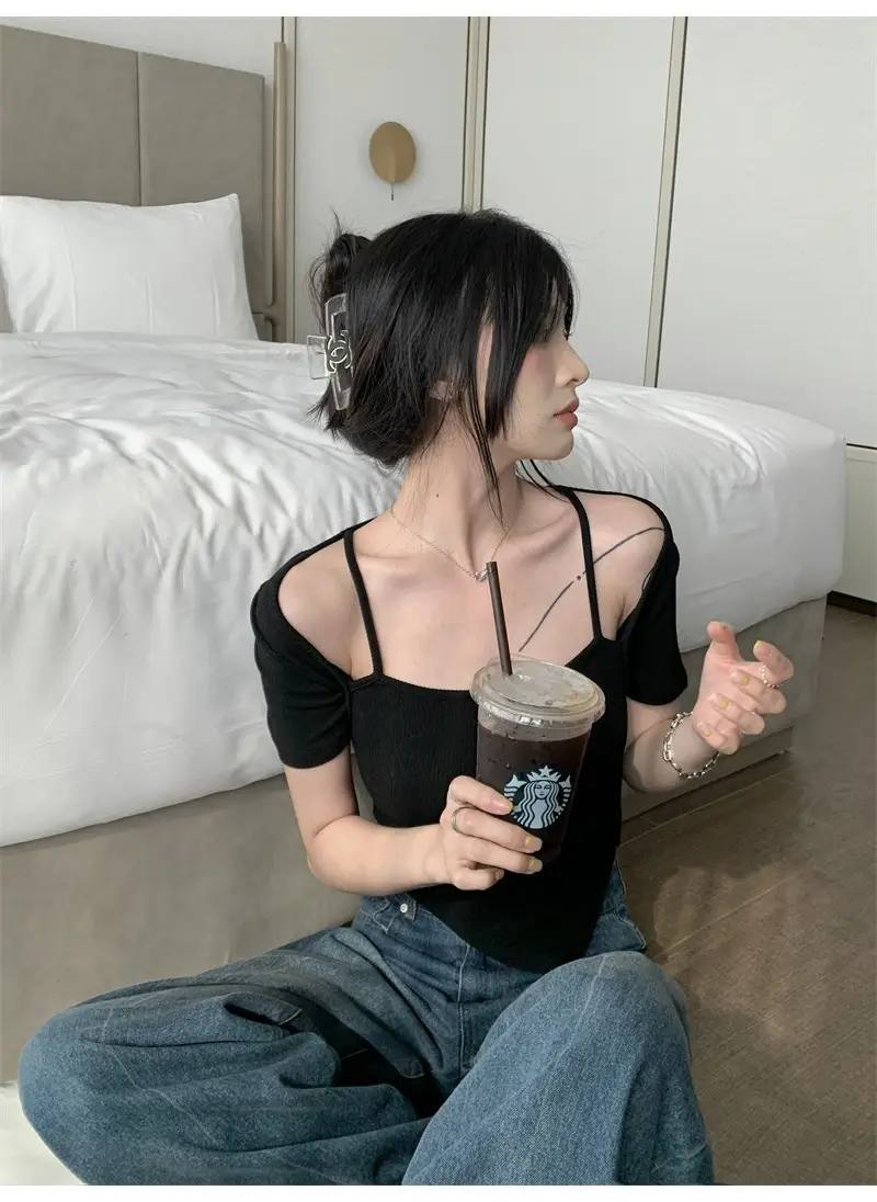Black Fake Two-Piece Short Sleeve Women Summer Top — feature 19