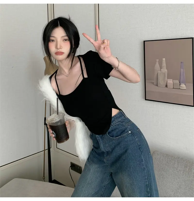Black Fake Two-Piece Short Sleeve Women Summer Top — feature 21