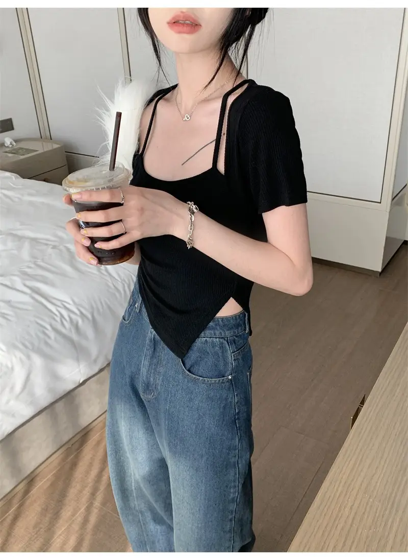 Black Fake Two-Piece Short Sleeve Women Summer Top — feature 23