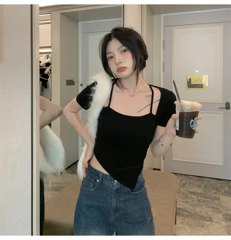 Black Fake Two-Piece Short Sleeve Women Summer Top — feature 25