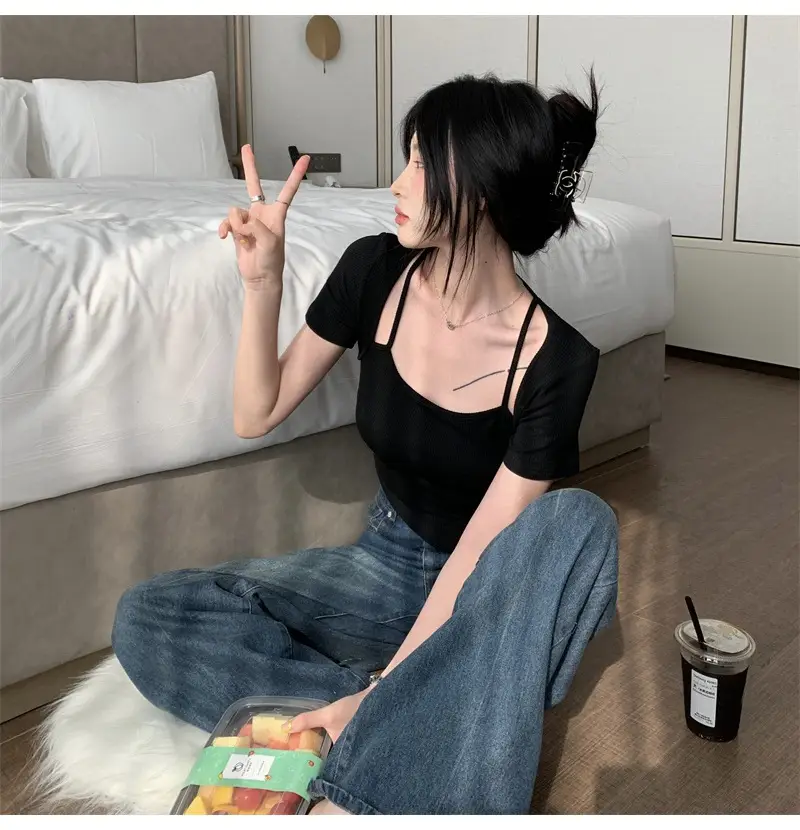 Black Fake Two-Piece Short Sleeve Women Summer Top — feature 26