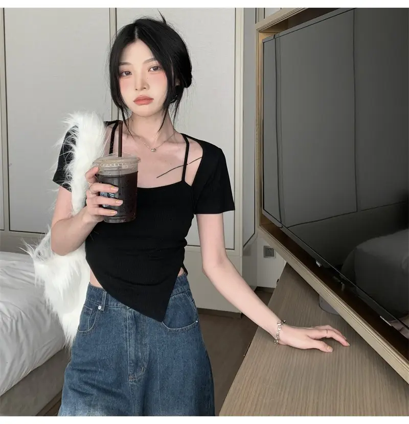 Black Fake Two-Piece Short Sleeve Women Summer Top — feature 27