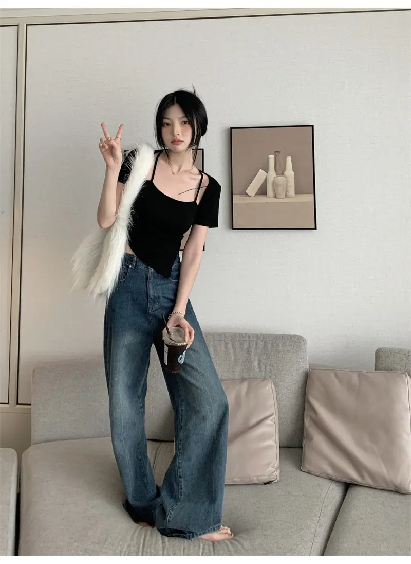 Black Fake Two-Piece Short Sleeve Women Summer Top — feature 28