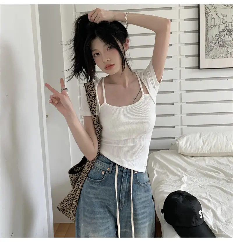 Black Fake Two-Piece Short Sleeve Women Summer Top — feature 5