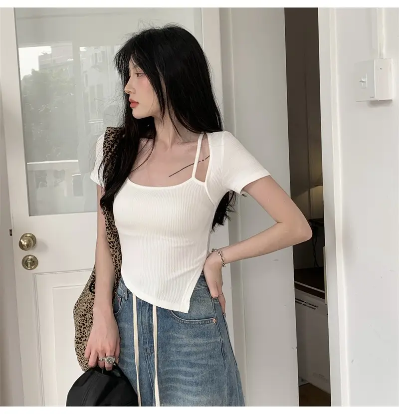 Black Fake Two-Piece Short Sleeve Women Summer Top — feature 6