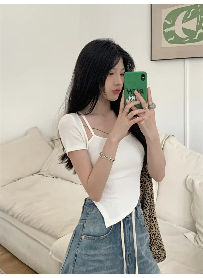 Black Fake Two-Piece Short Sleeve Women Summer Top — feature 8