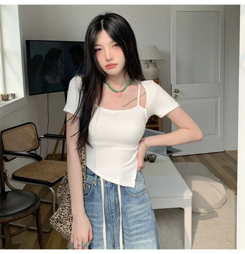 Black Fake Two-Piece Short Sleeve Women Summer Top — feature 9