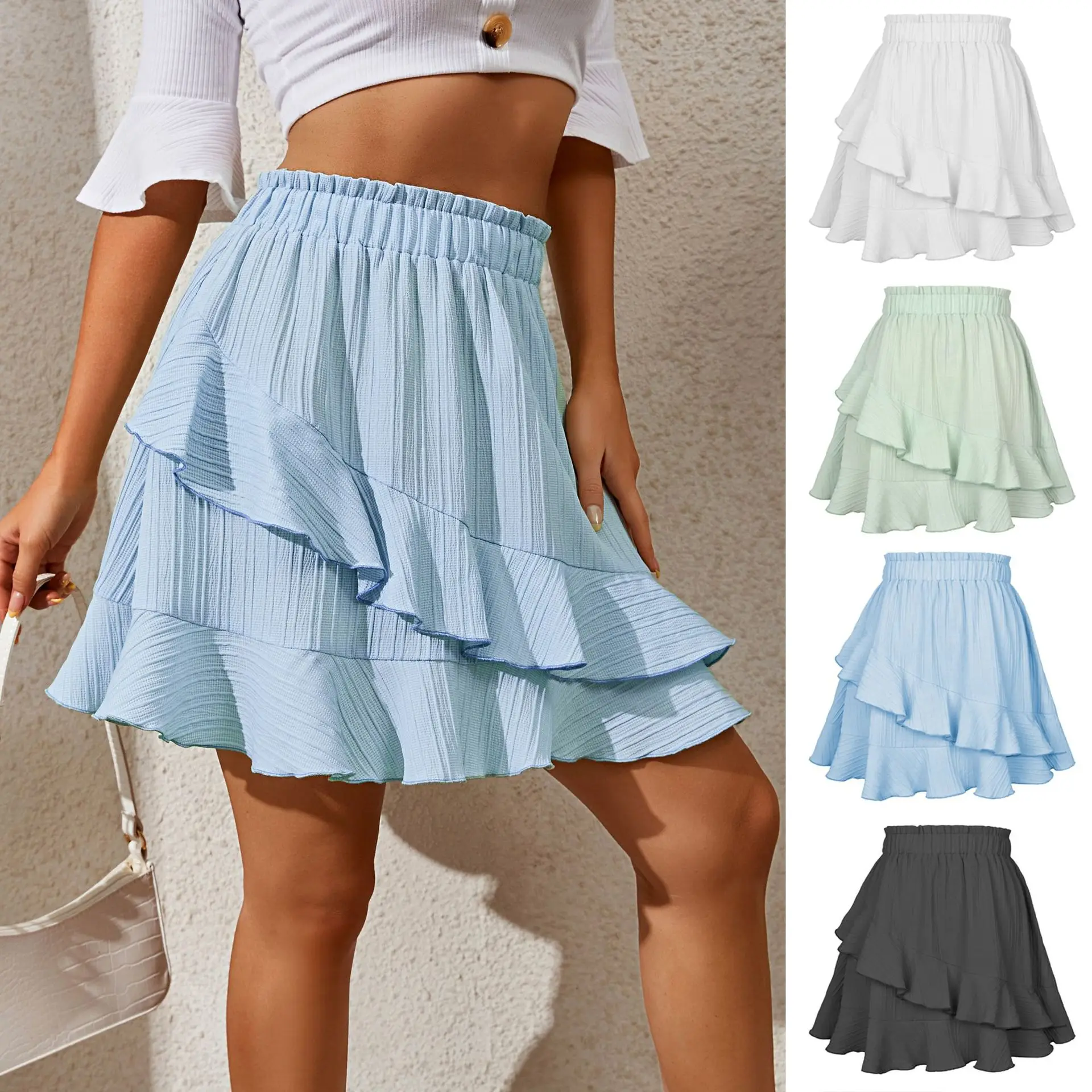 2022 Summer Ruffled Skirt Women High Waist Irregular Solid Color Large Hem - Image 6