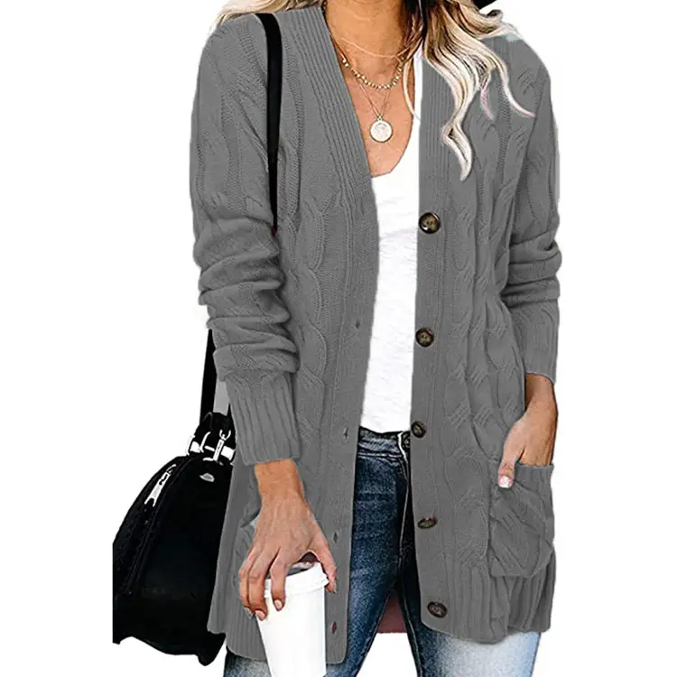Women's Grey Knitted Cardigan Sweater Single Breasted Coat - Image 14