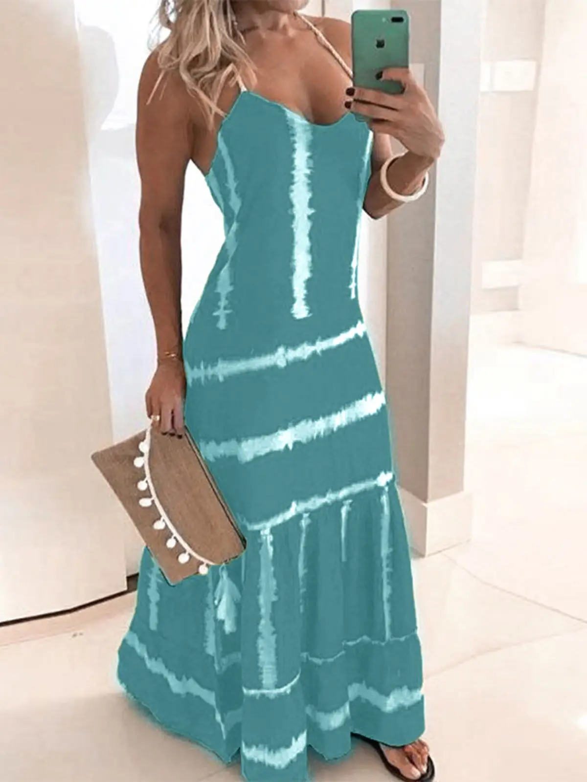 Women's Teal Tie Dye Long Sleeve Dress - Image 7