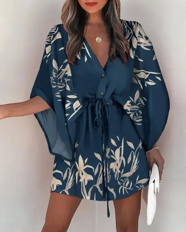 Cross-Border Flying Sleeve V Neck Lace-Up Dress for Women - Image 2