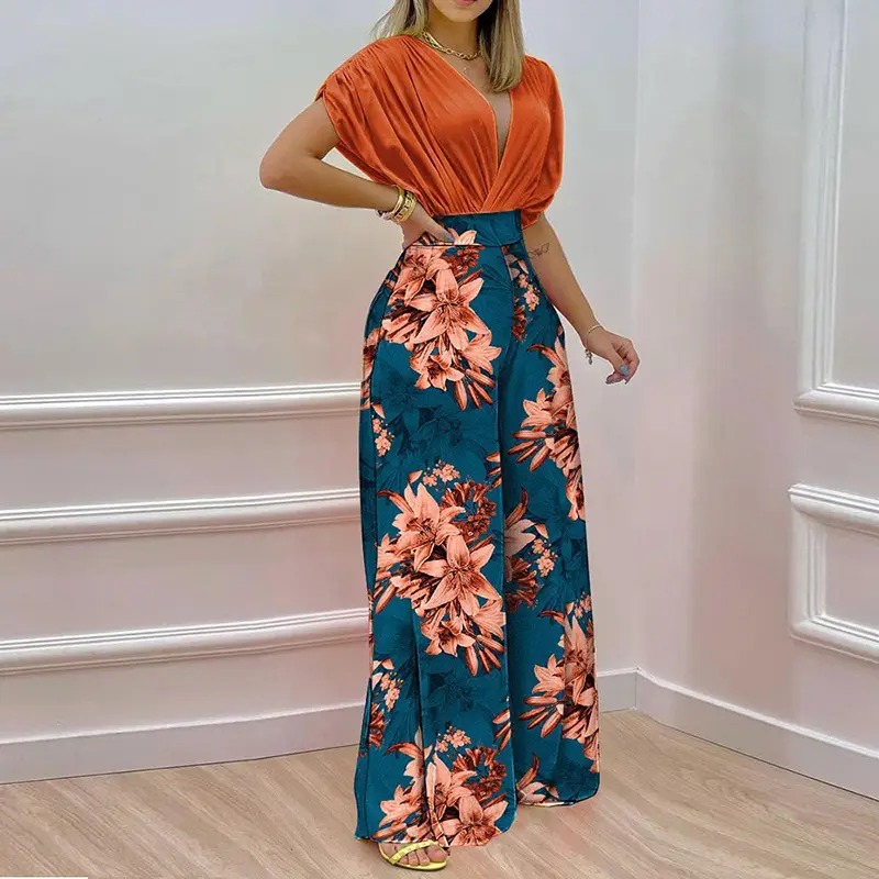 2026 Women's Printed Wide-Leg V-Neck Pants Set - Image 4