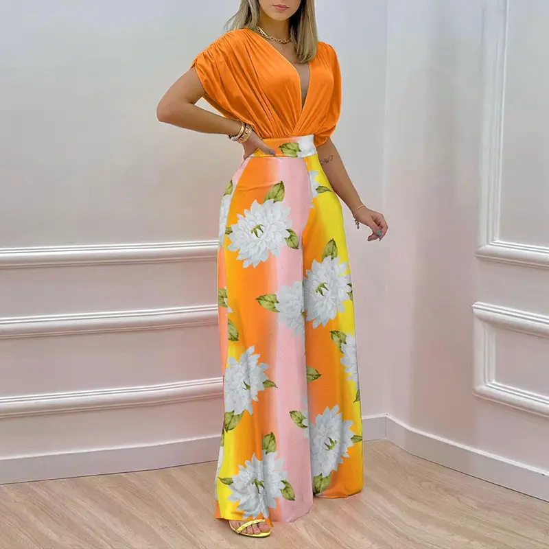 2026 Women's Printed Wide-Leg V-Neck Pants Set - Image 5