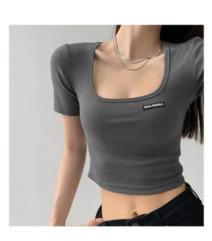 Women's 2025 Summer Light Blue Crop Top with Collarbone Exposing Design - Image 3