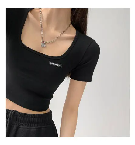 Women's 2025 Summer Light Blue Crop Top with Collarbone Exposing Design - Image 6