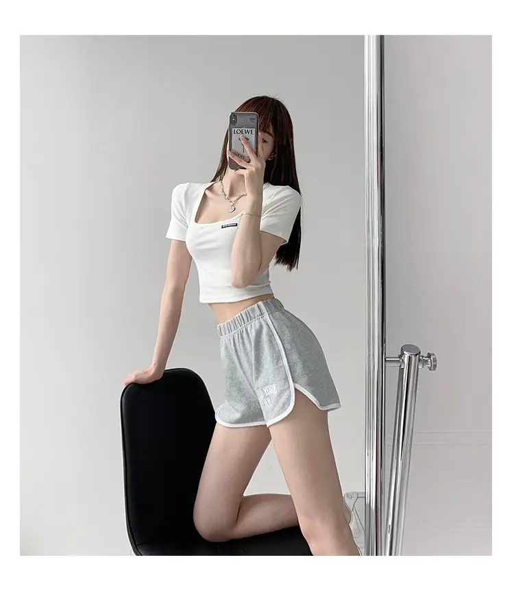 Women's 2025 Summer Light Blue Crop Top with Collarbone Exposing Design - Image 2
