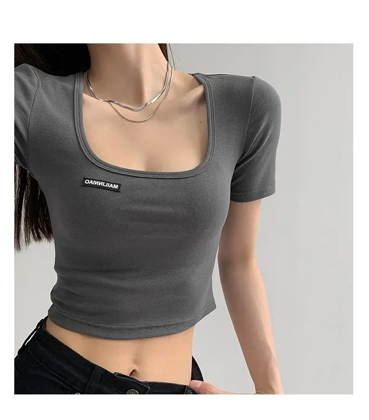 Women's 2025 Summer Light Blue Crop Top with Collarbone Exposing Design — feature 10