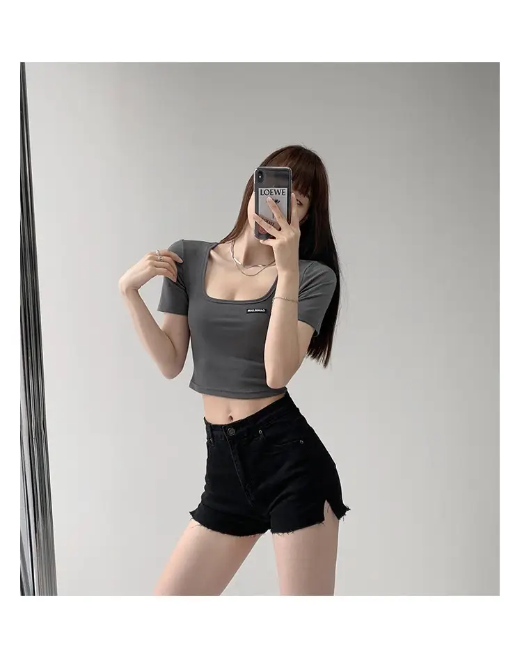 Women's 2025 Summer Light Blue Crop Top with Collarbone Exposing Design — feature 12